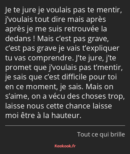 Je te jure je voulais pas te mentir, j’voulais tout dire mais après après je me suis retrouvée la…