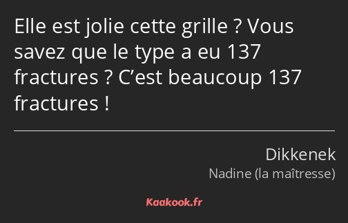 Elle est jolie cette grille ? Vous savez que le type a eu 137 fractures ? C’est beaucoup 137…