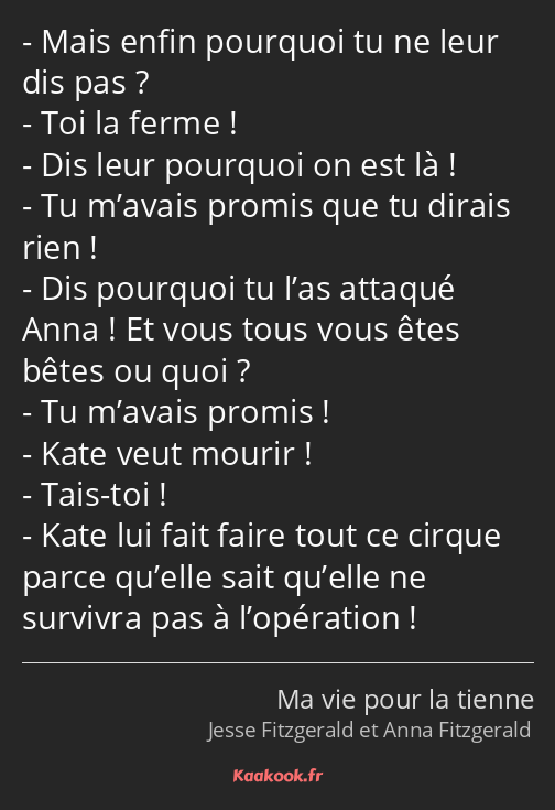 Mais enfin pourquoi tu ne leur dis pas ? Toi la ferme ! Dis leur pourquoi on est là ! Tu m’avais…