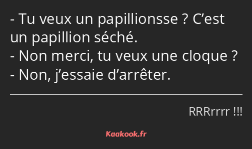 Tu veux un papillionsse ? C’est un papillion séché. Non merci, tu veux une cloque ? Non, j’essaie…