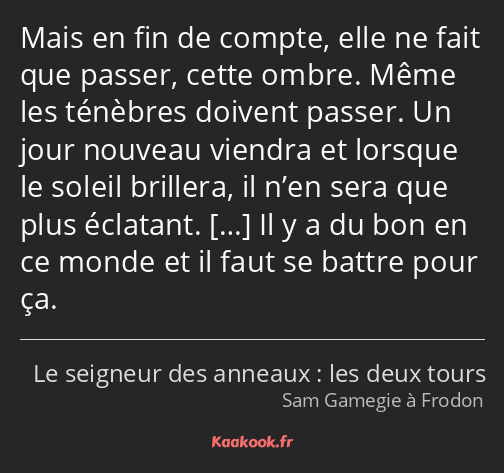 Mais en fin de compte, elle ne fait que passer, cette ombre. Même les ténèbres doivent passer. Un…