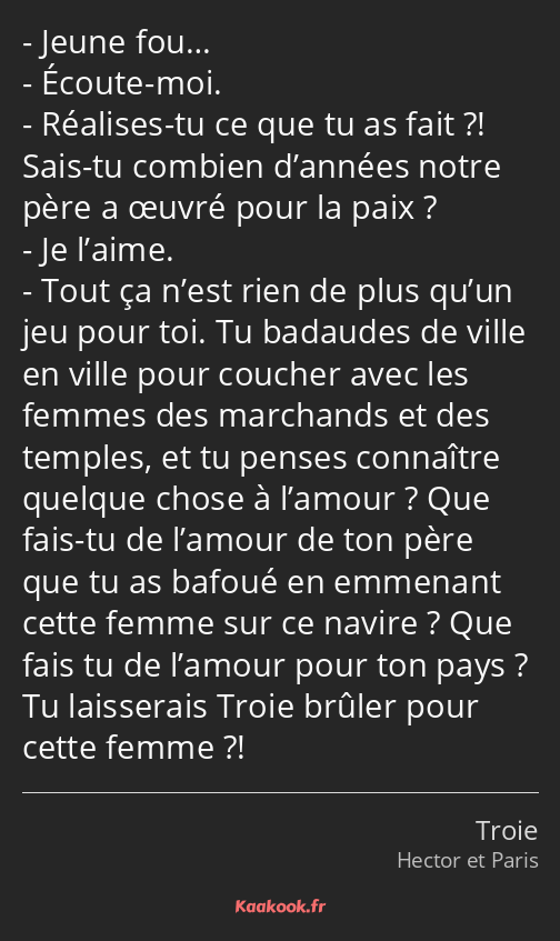 Jeune fou… Écoute-moi. Réalises-tu ce que tu as fait ?! Sais-tu combien d’années notre père a œuvré…