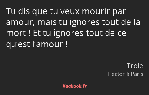 Tu dis que tu veux mourir par amour, mais tu ignores tout de la mort ! Et tu ignores tout de ce…