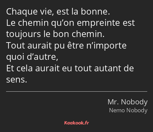 Chaque vie, est la bonne. Le chemin qu’on empreinte est toujours le bon chemin. Tout aurait pu être…