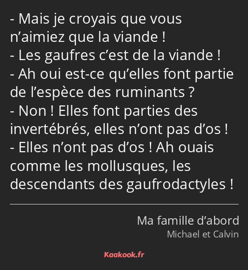 Mais je croyais que vous n’aimiez que la viande ! Les gaufres c’est de la viande ! Ah oui est-ce…