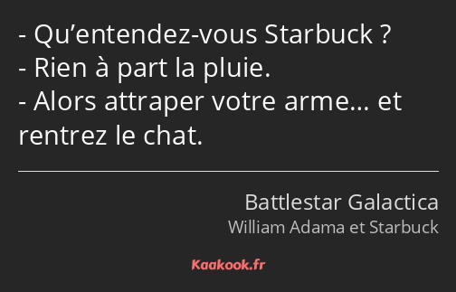 Qu’entendez-vous Starbuck ? Rien à part la pluie. Alors attraper votre arme… et rentrez le chat.