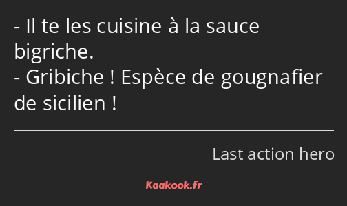 Il te les cuisine à la sauce bigriche. Gribiche ! Espèce de gougnafier de sicilien !