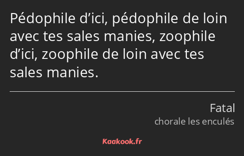 Pédophile d’ici, pédophile de loin avec tes sales manies, zoophile d’ici, zoophile de loin avec tes…