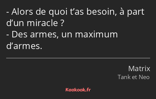 Alors de quoi t’as besoin, à part d’un miracle ? Des armes, un maximum d’armes.