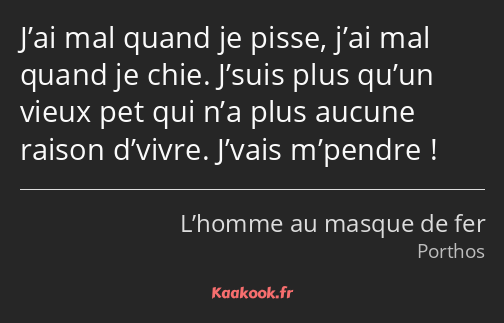 J’ai mal quand je pisse, j’ai mal quand je chie. J’suis plus qu’un vieux pet qui n’a plus aucune…