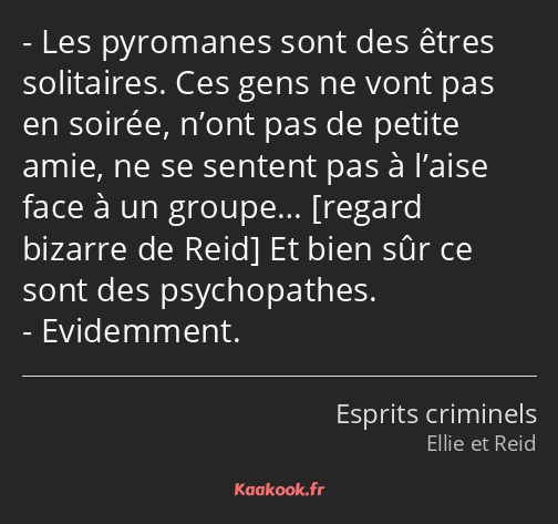 Les pyromanes sont des êtres solitaires. Ces gens ne vont pas en soirée, n’ont pas de petite amie…