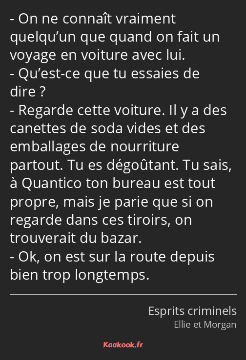 On ne connaît vraiment quelqu’un que quand on fait un voyage en voiture avec lui. Qu’est-ce que tu…