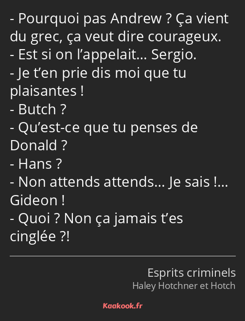 Pourquoi pas Andrew ? Ça vient du grec, ça veut dire courageux. Est si on l’appelait… Sergio. Je…