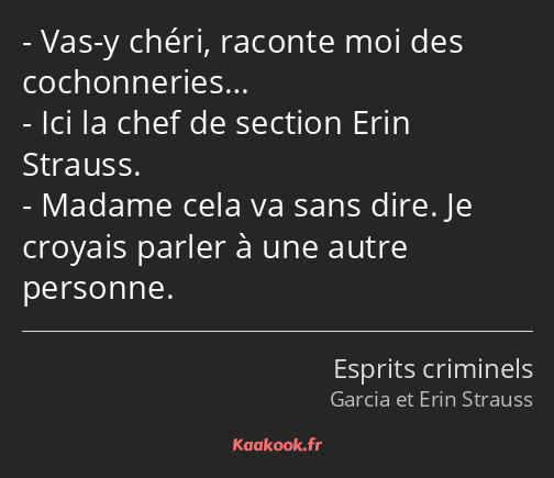 Vas-y chéri, raconte moi des cochonneries… Ici la chef de section Erin Strauss. Madame cela va sans…