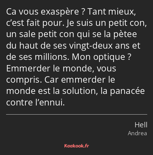 Ca vous exaspère ? Tant mieux, c’est fait pour. Je suis un petit con, un sale petit con qui se la…