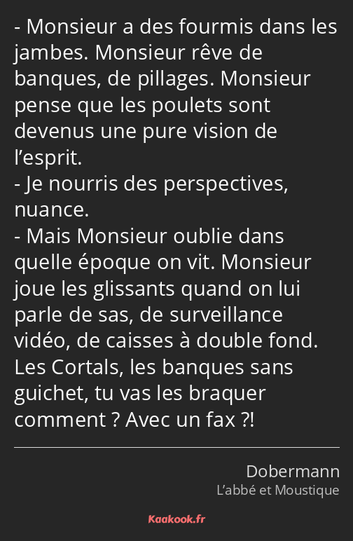 Monsieur a des fourmis dans les jambes. Monsieur rêve de banques, de pillages. Monsieur pense que…