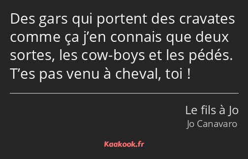 Des gars qui portent des cravates comme ça j’en connais que deux sortes, les cow-boys et les pédés…