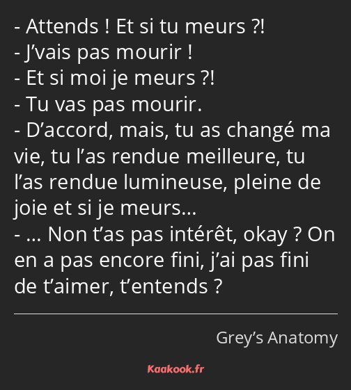 Attends ! Et si tu meurs ?! J’vais pas mourir ! Et si moi je meurs ?! Tu vas pas mourir. D’accord…