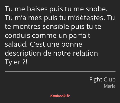 Tu me baises puis tu me snobe. Tu m’aimes puis tu m’détestes. Tu te montres sensible puis tu te…