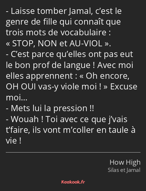 Laisse tomber Jamal, c’est le genre de fille qui connaît que trois mots de vocabulaire : STOP, NON…