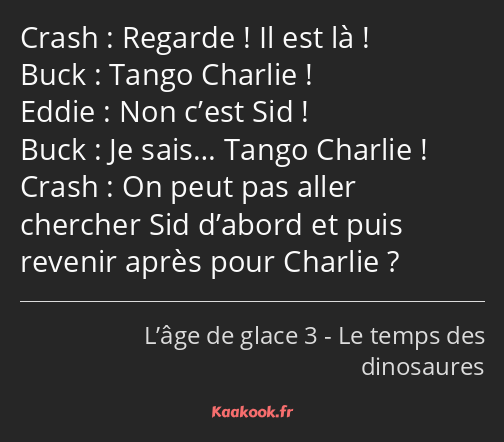 Regarde ! Il est là ! Tango Charlie ! Non c’est Sid ! Je sais… Tango Charlie ! On peut pas aller…