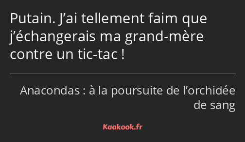 Putain. J’ai tellement faim que j’échangerais ma grand-mère contre un tic-tac !