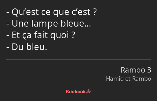 Qu’est ce que c’est ? Une lampe bleue… Et ça fait quoi ? Du bleu.