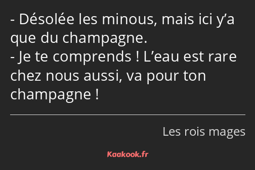 Désolée les minous, mais ici y’a que du champagne. Je te comprends ! L’eau est rare chez nous aussi…