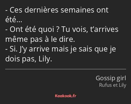 Ces dernières semaines ont été… Ont été quoi ? Tu vois, t’arrives même pas à le dire. Si. J’y…