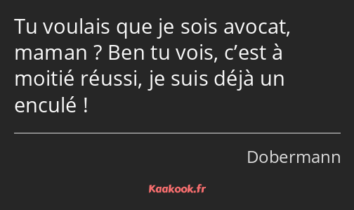 Tu voulais que je sois avocat, maman ? Ben tu vois, c’est à moitié réussi, je suis déjà un enculé !