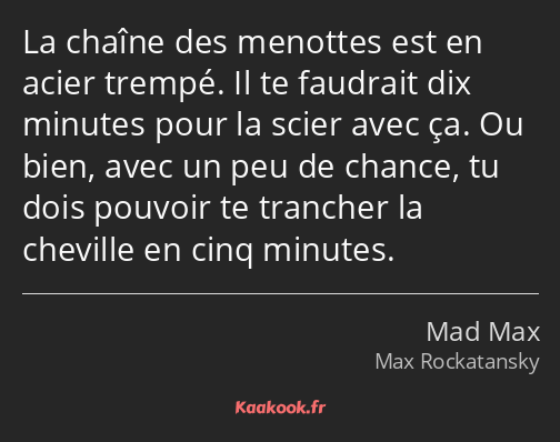 La chaîne des menottes est en acier trempé. Il te faudrait dix minutes pour la scier avec ça. Ou…