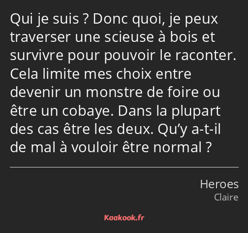 Qui je suis ? Donc quoi, je peux traverser une scieuse à bois et survivre pour pouvoir le raconter…