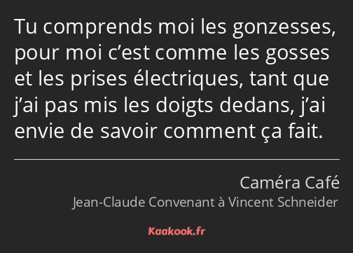 Tu comprends moi les gonzesses, pour moi c’est comme les gosses et les prises électriques, tant que…