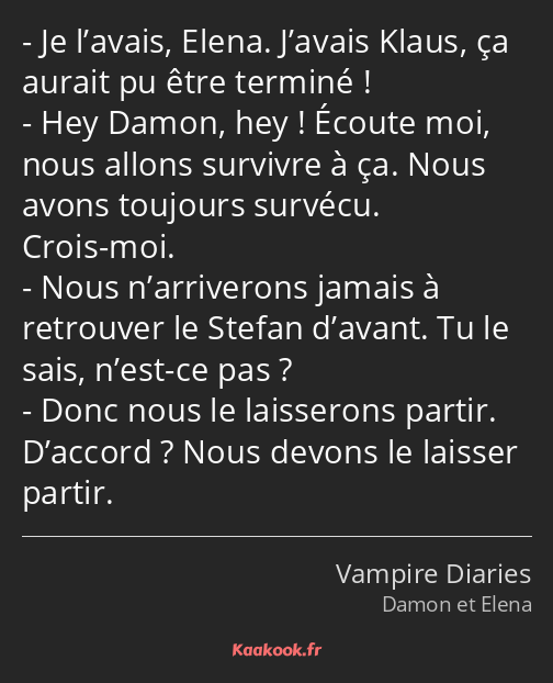 Je l’avais, Elena. J’avais Klaus, ça aurait pu être terminé ! Hey Damon, hey ! Écoute moi, nous…