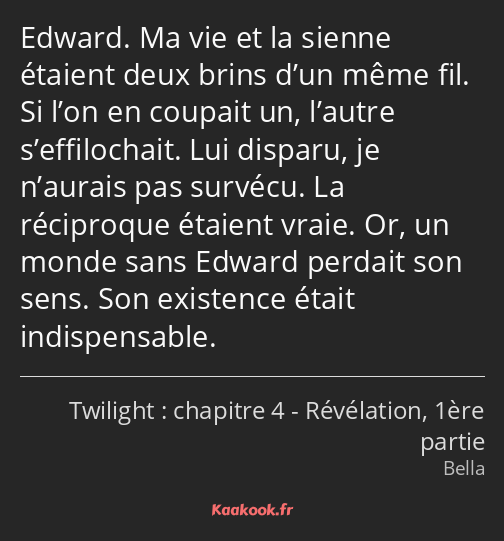 Edward. Ma vie et la sienne étaient deux brins d’un même fil. Si l’on en coupait un, l’autre…