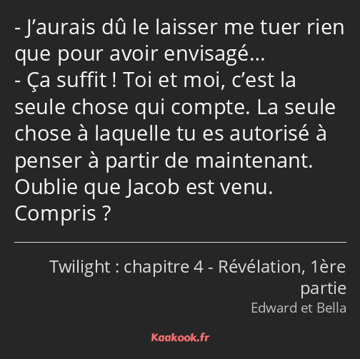 J’aurais dû le laisser me tuer rien que pour avoir envisagé… Ça suffit ! Toi et moi, c’est la seule…