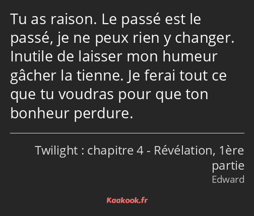 Tu as raison. Le passé est le passé, je ne peux rien y changer. Inutile de laisser mon humeur…