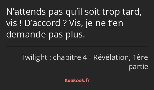 N’attends pas qu’il soit trop tard, vis ! D’accord ? Vis, je ne t’en demande pas plus.