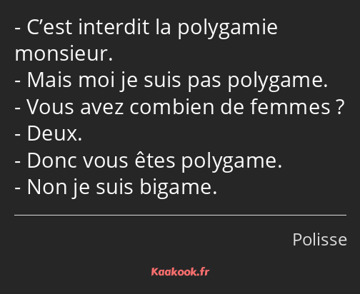 C’est interdit la polygamie monsieur. Mais moi je suis pas polygame. Vous avez combien de femmes…