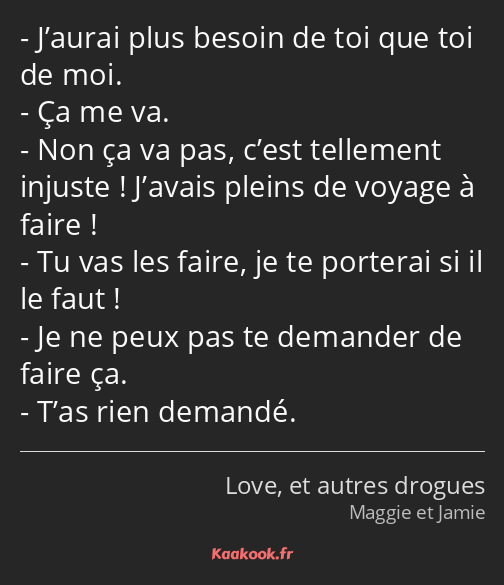 J’aurai plus besoin de toi que toi de moi. Ça me va. Non ça va pas, c’est tellement injuste…