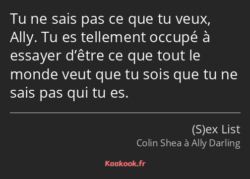 Tu ne sais pas ce que tu veux, Ally. Tu es tellement occupé à essayer d’être ce que tout le monde…