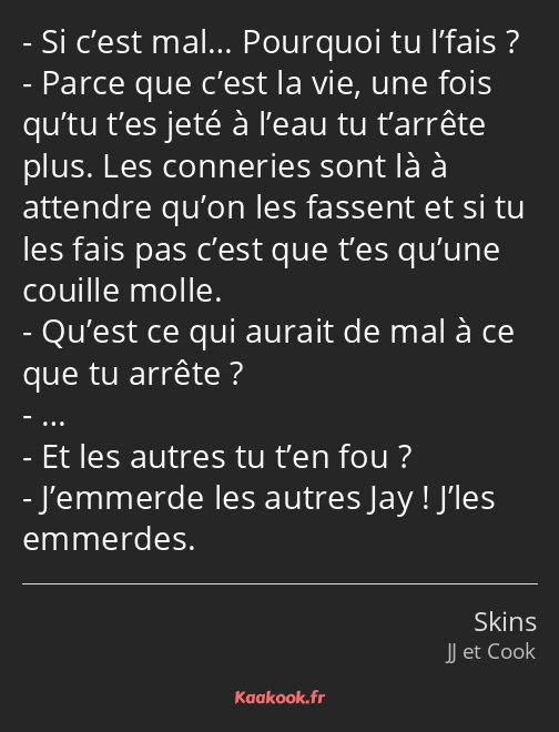 Si c’est mal… Pourquoi tu l’fais ? Parce que c’est la vie, une fois qu’tu t’es jeté à l’eau tu…