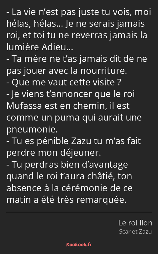 La vie n’est pas juste tu vois, moi hélas, hélas… Je ne serais jamais roi, et toi tu ne reverras…