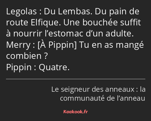 Du Lembas. Du pain de route Elfique. Une bouchée suffit à nourrir l’estomac d’un adulte. Tu en as…