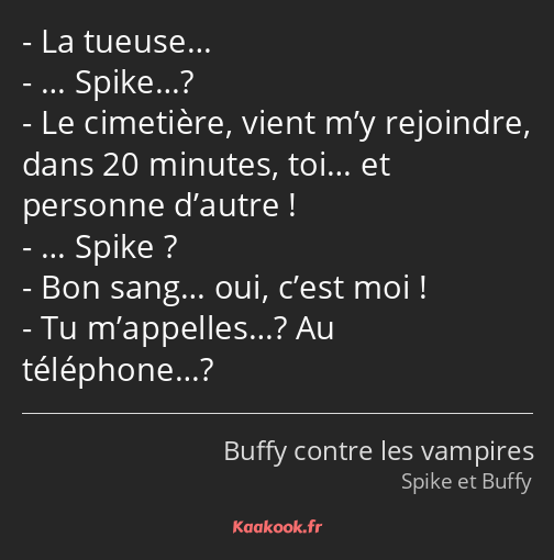 La tueuse… … Spike…? Le cimetière, vient m’y rejoindre, dans 20 minutes, toi… et personne d’autre…