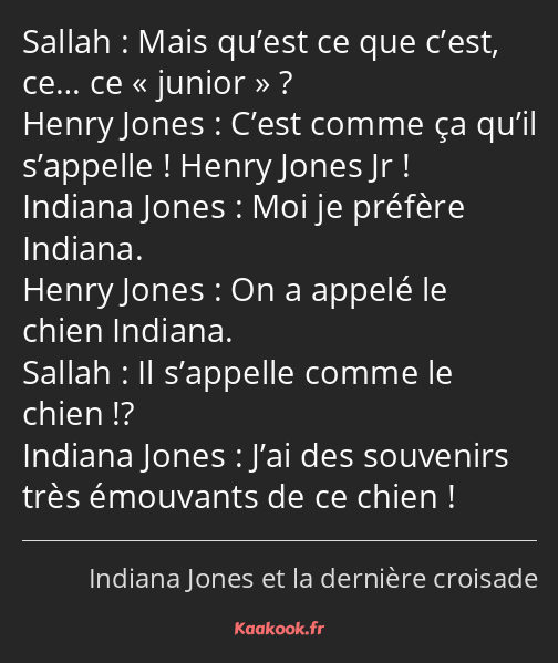 Mais qu’est ce que c’est, ce… ce junior ? C’est comme ça qu’il s’appelle ! Henry Jones Jr ! Moi je…