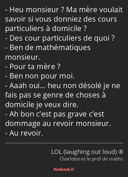 Heu monsieur ? Ma mère voulait savoir si vous donniez des cours particuliers à domicile ? Des cour…