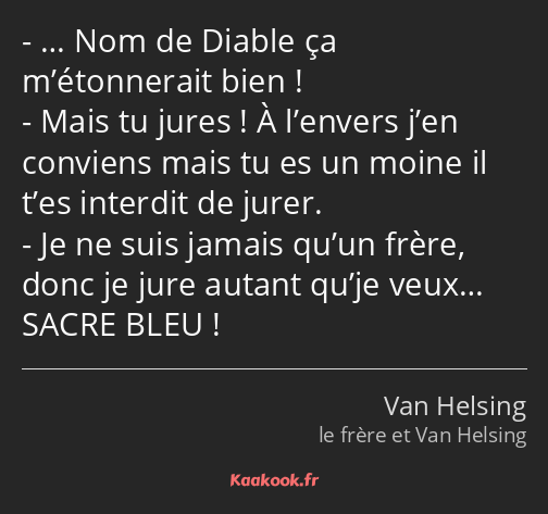 … Nom de Diable ça m’étonnerait bien ! Mais tu jures ! À l’envers j’en conviens mais tu es un moine…