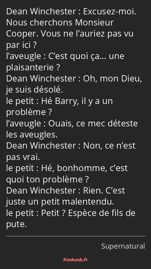 Excusez-moi. Nous cherchons Monsieur Cooper. Vous ne l’auriez pas vu par ici ? C’est quoi ça… une…