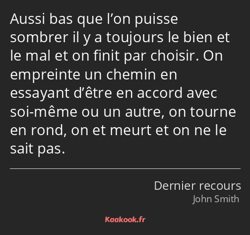 Aussi bas que l’on puisse sombrer il y a toujours le bien et le mal et on finit par choisir. On…